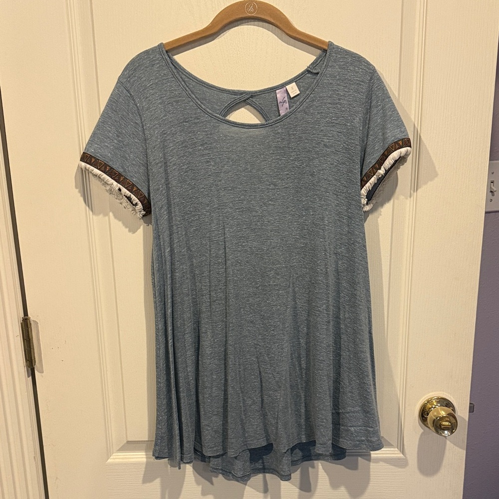 Francesca's Collections Blue Short Sleeve Top with Triangle Fringe Trim